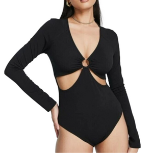 TOPSHOP Size M Ribbed O-ring Cutout Long‎ Sleeve Bodysuit Black NWOT